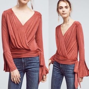 Anthropologie | Red Bell Sleeve Tie Waist Top